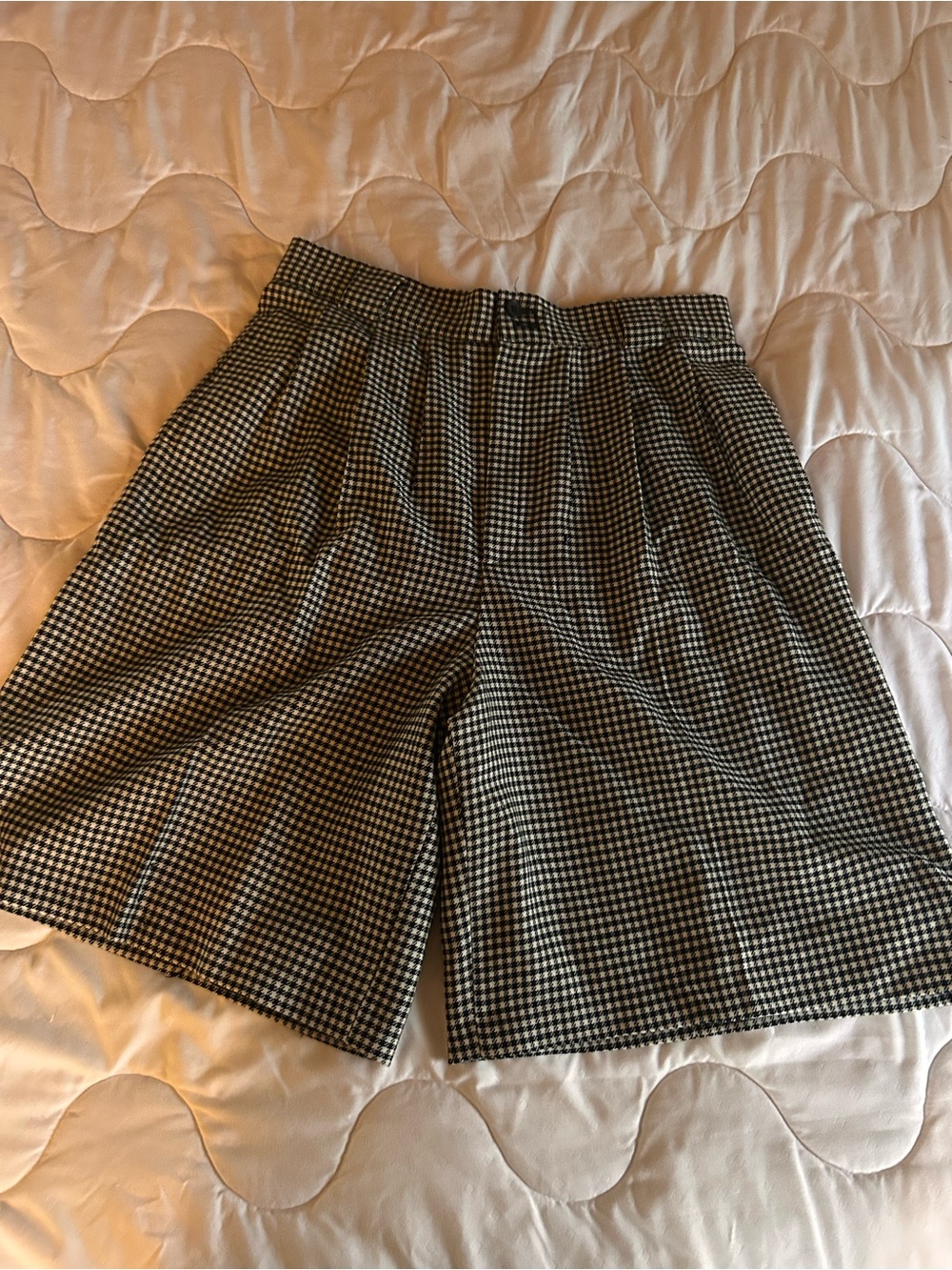 High-Waist Black & White Gingham Bermuda Shorts